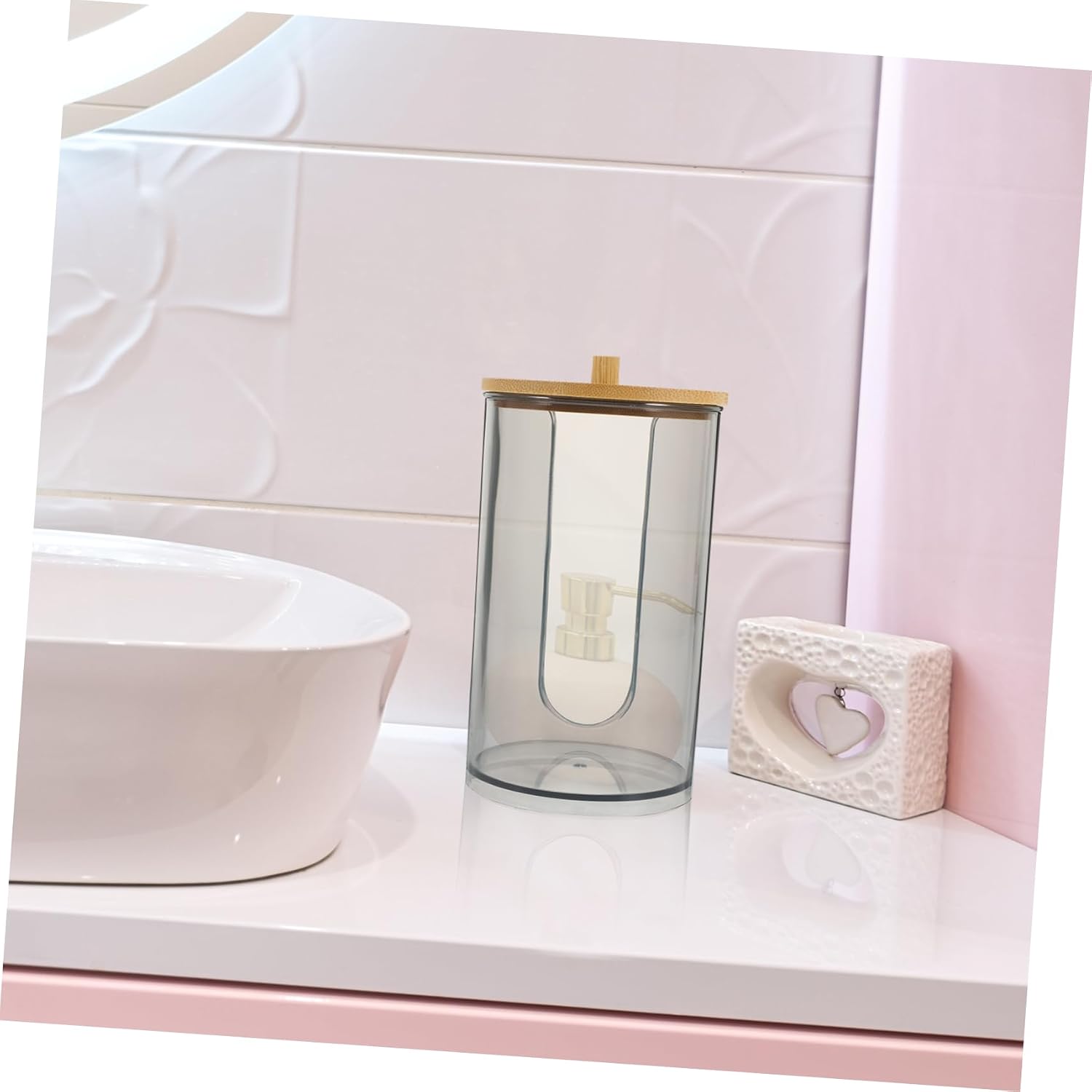ULTECHNOVO Bathroom Sink Organizer Plastic Bamboo Lid Cup Dispenser Holder Countertop Decor
