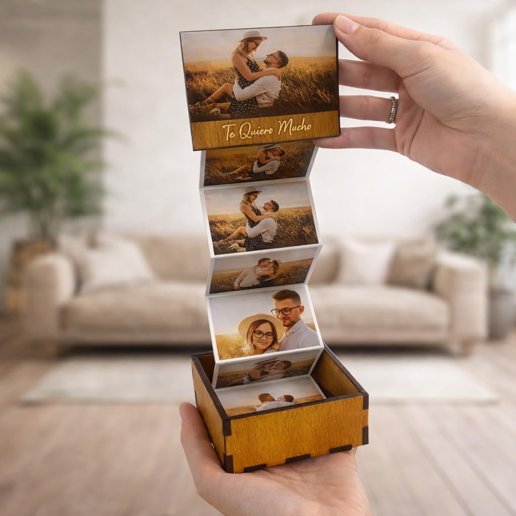 Caja de Fotos Desplegable de Madera con 6 Fotos Personalizadas - Regalo Original para Parejas, Hombres o Mujeres