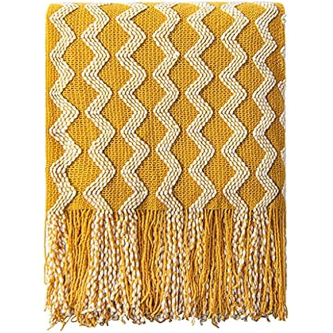 NTBAY Acrylic Knitted Throw Blanket, Lightweight and Soft Cozy Decorative Woven Blanket with 18 cm Tassels for Travel, Couch, Bed, Sofa, 130x170 cm, Mustard Yellow Wave Cover