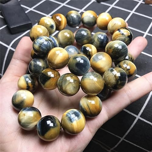 Miniatura 7 de Pulsera de ojo de tigre natural de 0.709 in para mujeres y hombres, piedra preciosa azul amarilla y azul con cuentas redondas grandes, pulsera