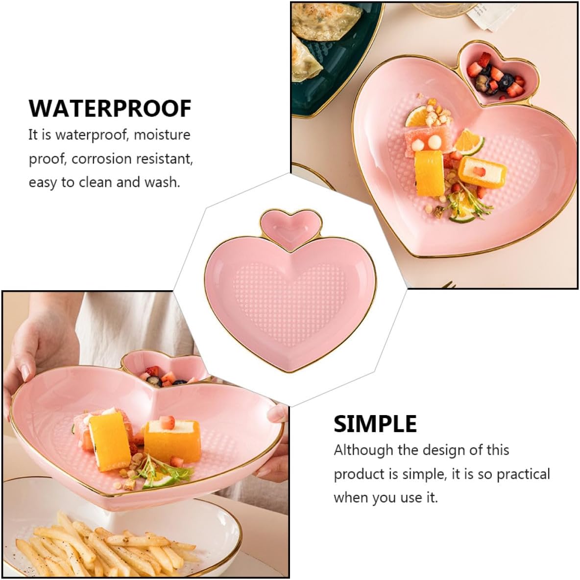Ceramic Heart-shaped Dumpling Plate Pink Gold Rim Vegetable Food Serving Dish Home Tableware Dessert Plate for Valentine’s Day Dining