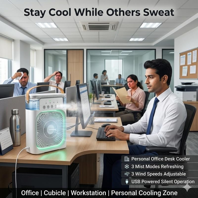 Image of (10 Years Assured Warranty) Mini Portable USB Air Cooler Fan with LED Light Effect Mist Spray Cooling System for Home Office Bedroom Travel Comfort Use