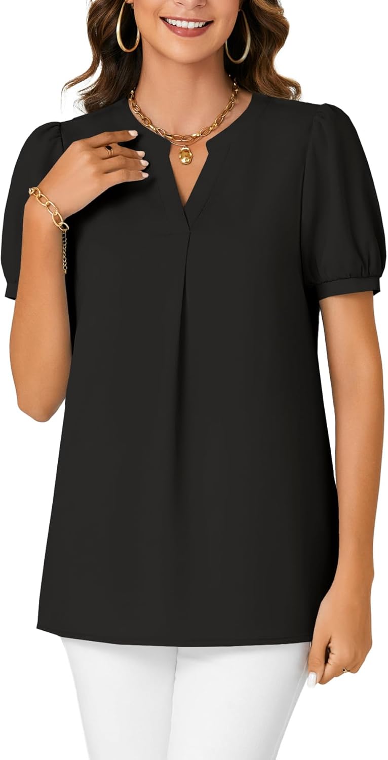LYANER Women's Dressy Casual Summer Tops V Neck Pleated Short Sleeve Blouses Loose Work Tunic Shirts - Image 2
