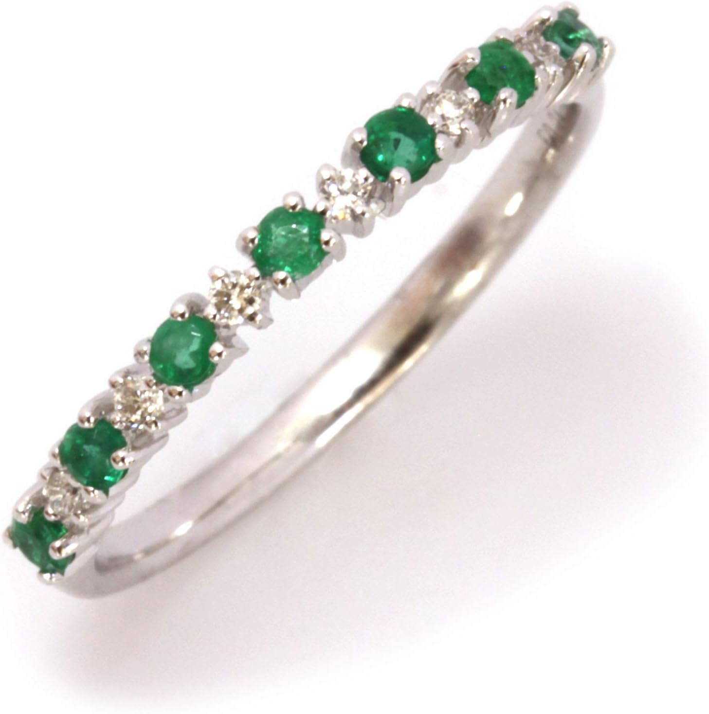Solid 14k White Gold 0.3 ctw Natural Green Emerald and Diamond Alternating Stackable Wedding Band Ring for Women 2 mm - Handmade in USA - May Birthstone