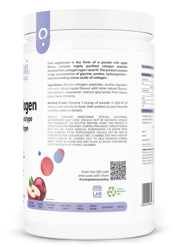 Osavi Collagène Hydrolysé Type I & III – 660 g Poudre | Saveur pomme | 20 g de peptides par portion | 18 acides aminés dont glycine & proline | Soutient muscles & os | Se dissout facilement