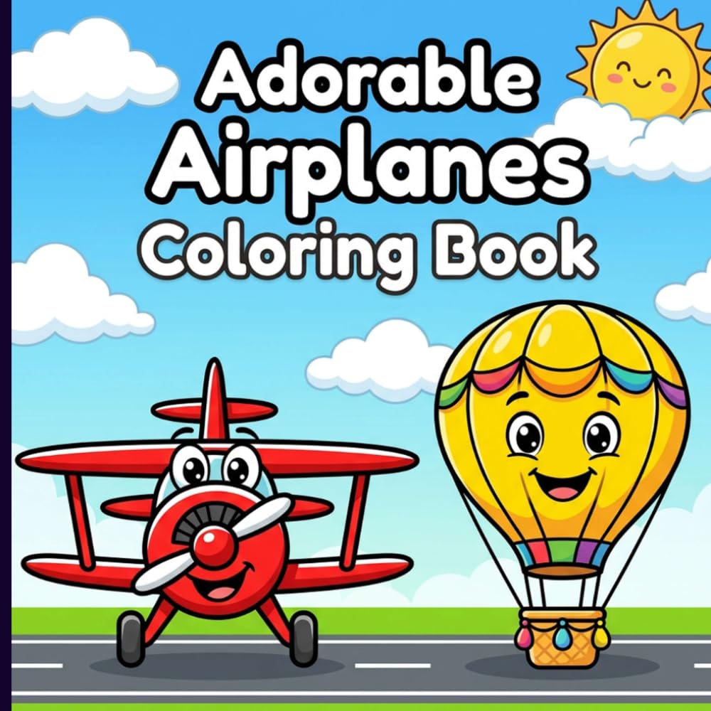 Adorable Airplanes Coloring Book: Lovely Jets and Smiling Helicopters inside Cute Borders for Relaxing Screen-Free Toddler Aviation Art