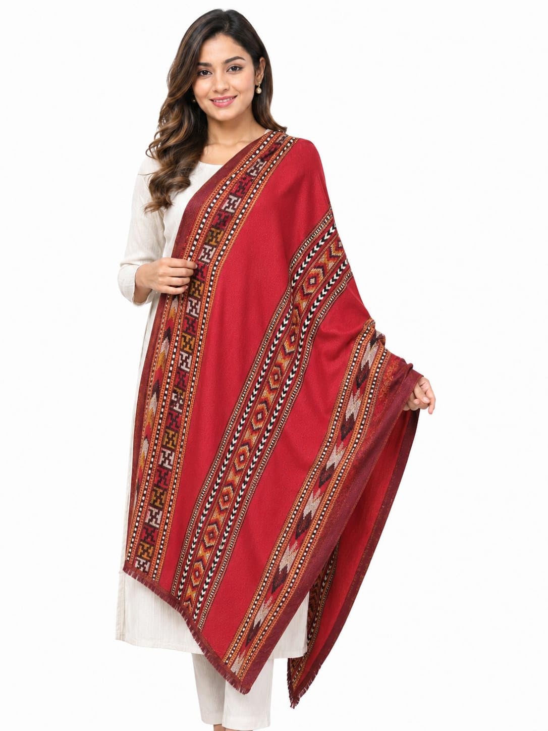 pure home threads Shawl for Women | Soft Warm Cashmere Feel Printed Stole | Traditional Tribal Border Design Fashion | Ethnic Winter Shawl Wrap or Travel, Party & Daily Wear | Red-picture-23