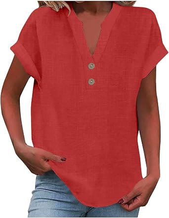 Yinguo Ladies Tops 2025 Women's Summer Cotton Linen Cap Sleeve T-Shirt Button V Neck Tunic Tops Fashion Baggy Solid Plain Casual Shirts Trendy Blouse