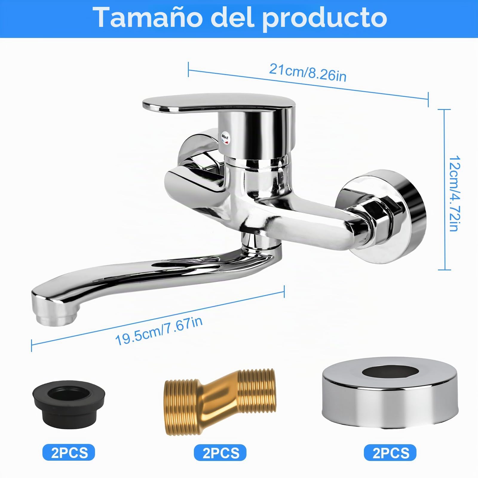 Grifo de Cocina Montaje en Pared, Grifo de Pared 360° Giratorio, Mezclador de Cocina, Monomando, Fregadero, Fregadero de Agua Fría y Caliente, Batería de Mezclador, Brazo Giratorio de 24cm
