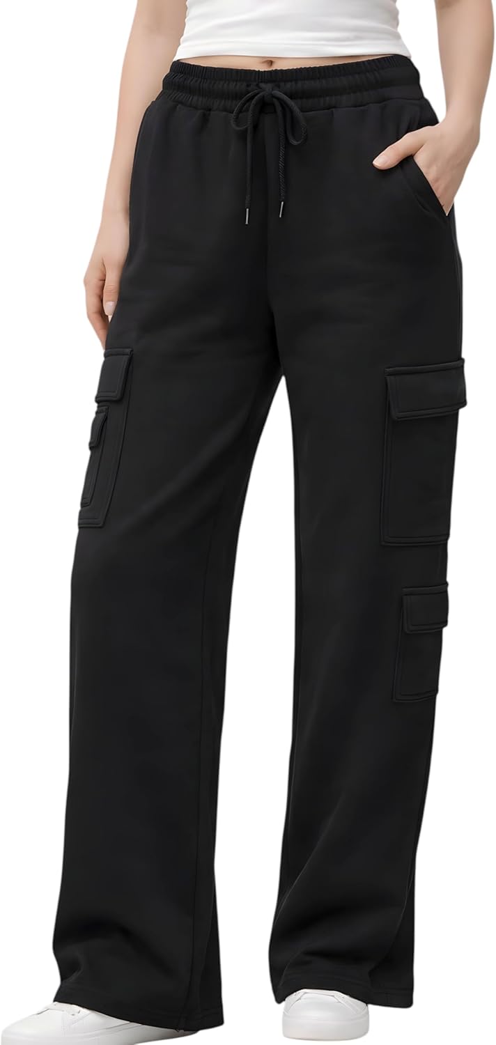 Womens Wide Leg Fleece Lined Cargo Sweatpants with Drawstring Waist & Pockets