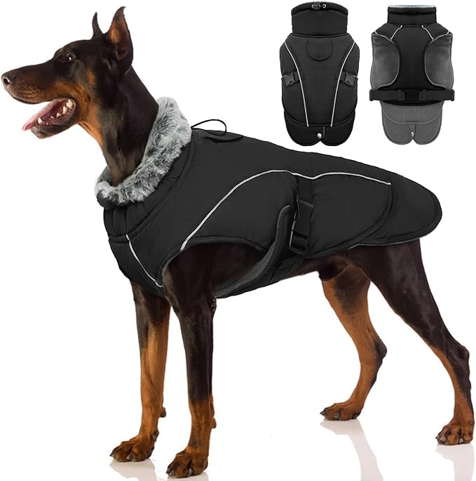 Waterproof Dog Coat, Windproof Warm Dog Coat Winter Dog Jacket with Folded Fur Collar Warm Dog