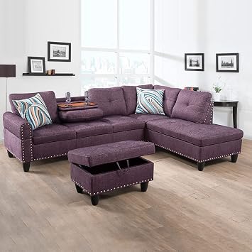 L-Shaped Sofa Set, Purple Grey Linen Couch with Left-Hand Facing Chaise