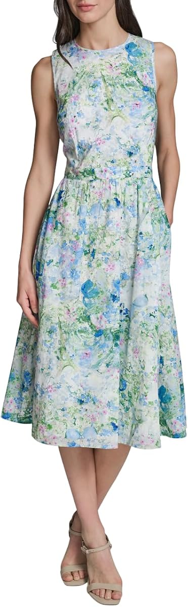 Karl Lagerfeld Women's Sleeveless Crew Neck All Over Whimsy Print Tie Back Midi Dress