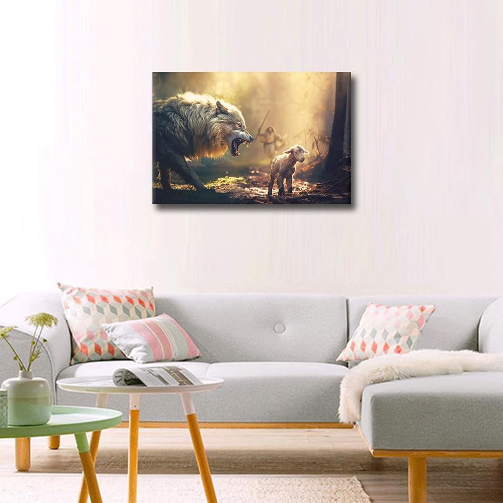 TISHIRON Christian Pictures for Bedroom Wall Decor Jesus Running Towards Wolf Canvas Prints Wall Art Modern 1 Panel Wall Art Artwork for Walls Posters Stretched and Framed Ready to Hang - Image 2