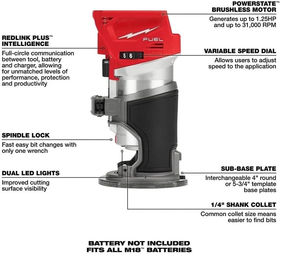 2723-20 Cordless Handheld Router for Milwaukee M18 18V FUEL Compact Router W/Fixed Base - Bare Tool