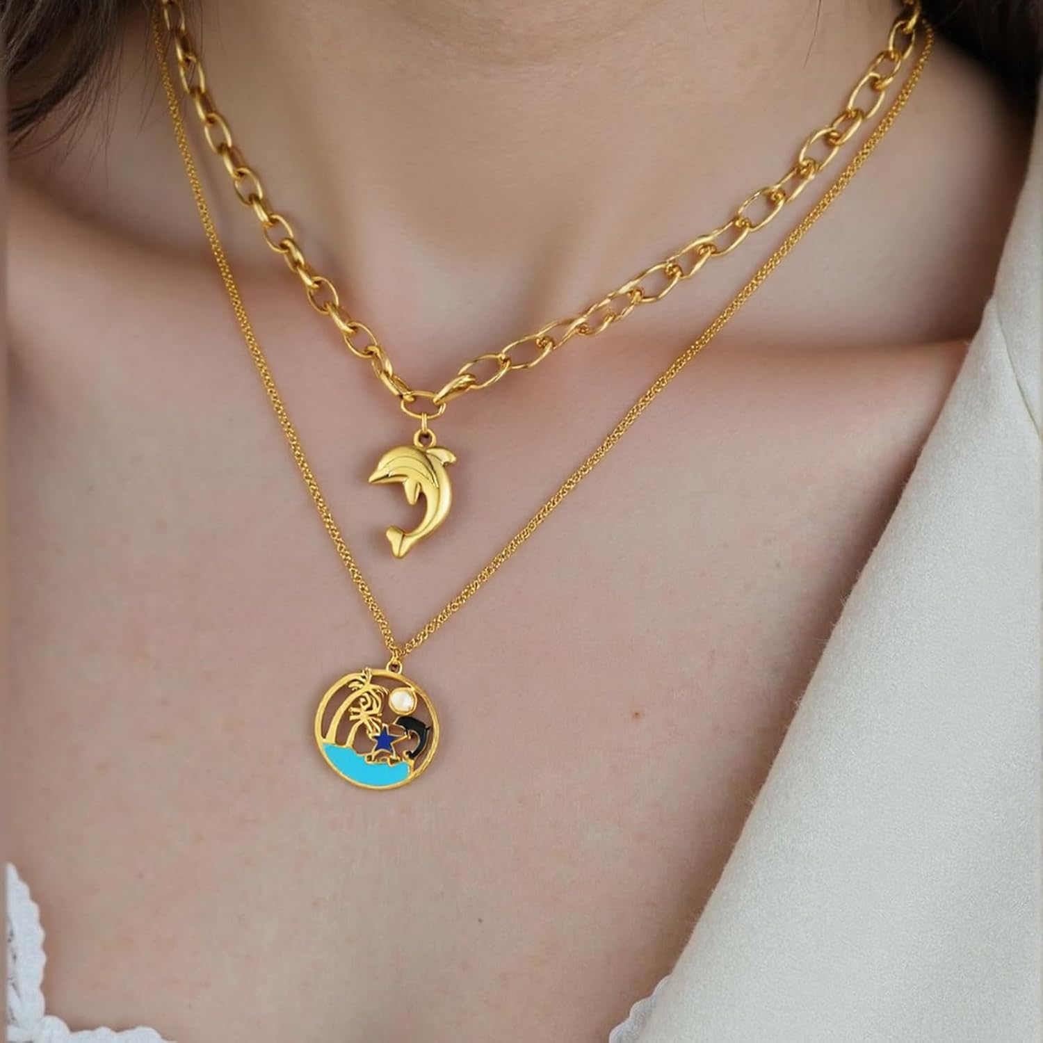 Ocean Charm Necklace for Women, 18K Gold Plated Dolphin Starfish Choker Necklaces Summer Beach Jewelry Gifts - Image 3