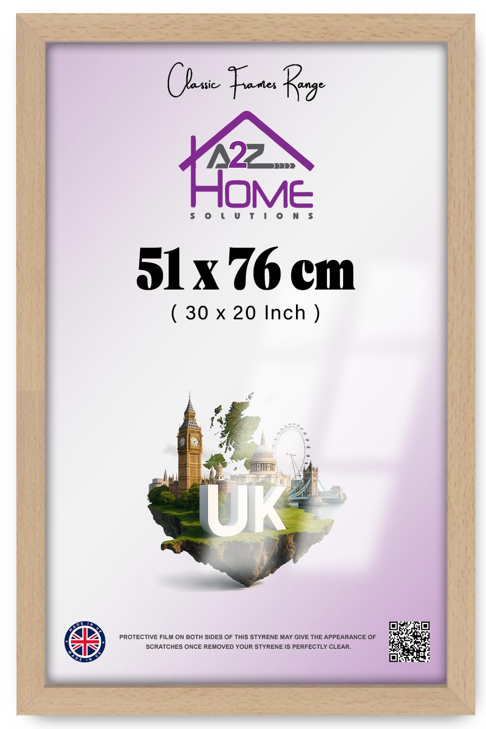 A2Z Poster Frame 51x76cm (20x30 inch) Clear Perspex, Hanging Clips & Sawtooth Hangers, Portrait & Landscape Wall Display for Photos, Canvas, Paintings – Beech