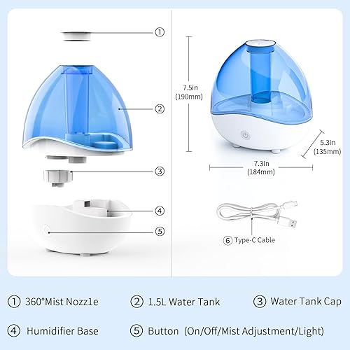 Miniatura 8 de Humidificador ultrasónico de niebla fría, humidificadores de aire silenciosos para dormitorio, humidificadores de escritorio con tanque de agua