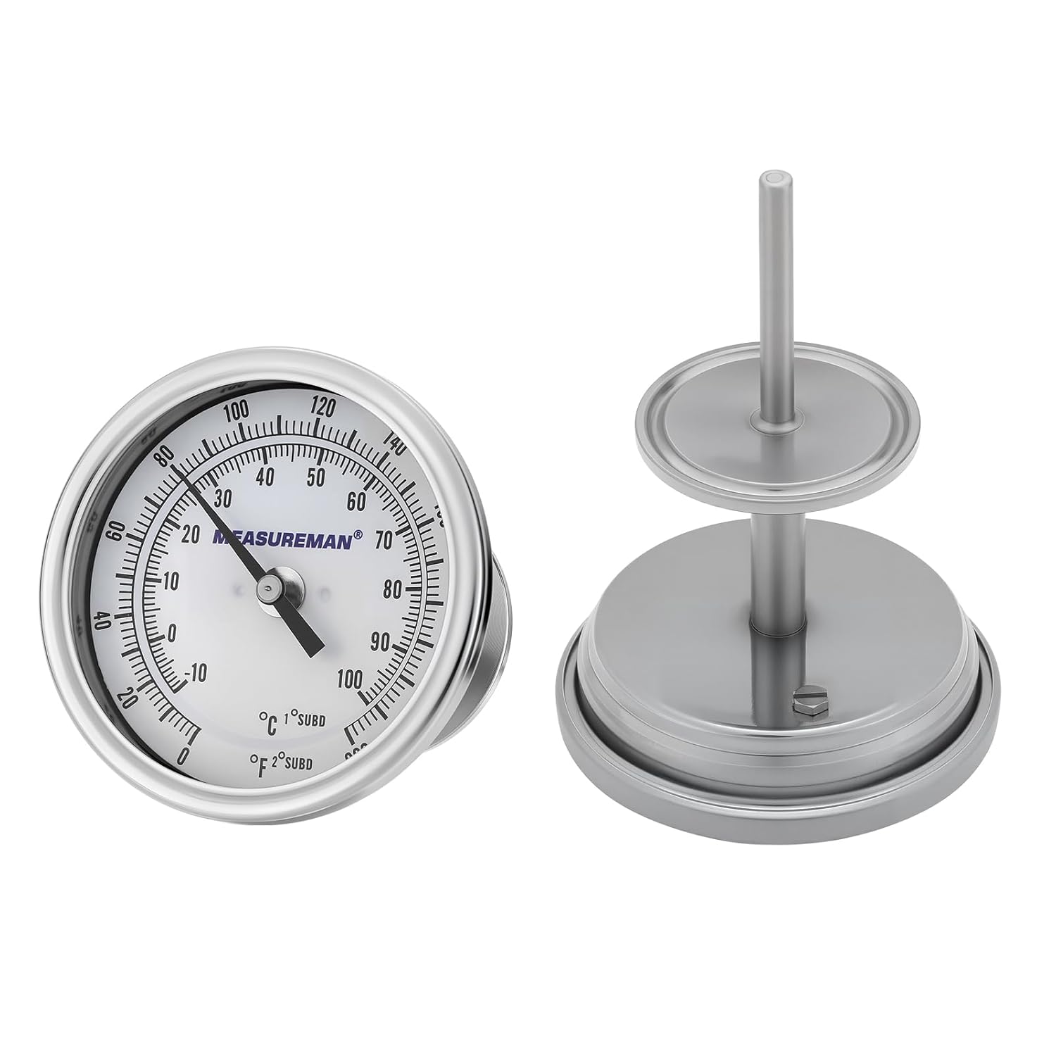 MEASUREMAN 1.5" Tri-Clamp Sanitary Thermometer - 3" Easy-to-Read Analog Dial for Homebrewing, Mash Tuns, and Kettles, 4" Stem Probe, 0-200°F Range
