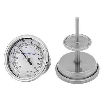 MEASUREMAN 1.5" Tri-Clamp Sanitary Thermometer - 3" Easy-to-Read Analog Dial for Homebrewing, Mash Tuns, and Kettles, 4" Stem Probe, 0-200F Range