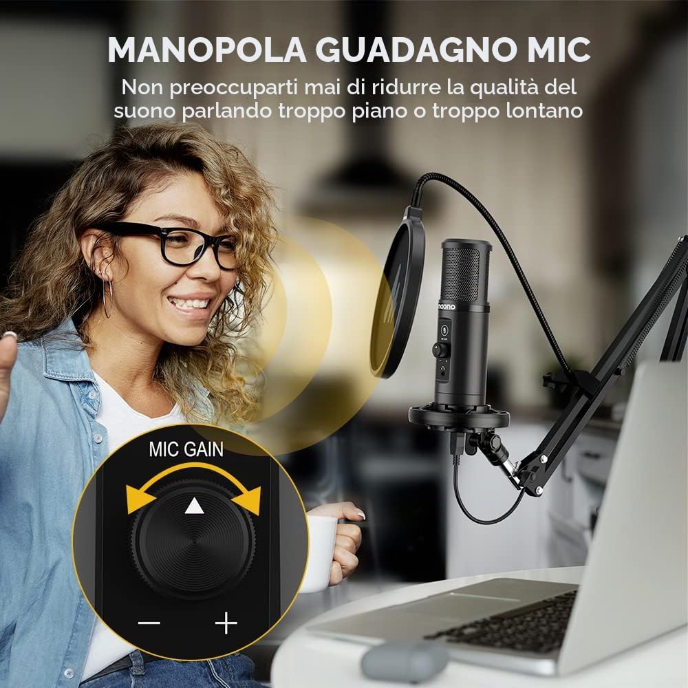MAONO Microfono USB Monitoraggio latenza zero AU-PM422 192KHZMicrofono professionale condensatore cardioide con pulsante Touch Mute manopola guadagno del microfono per registrazione,podcast,YouTube