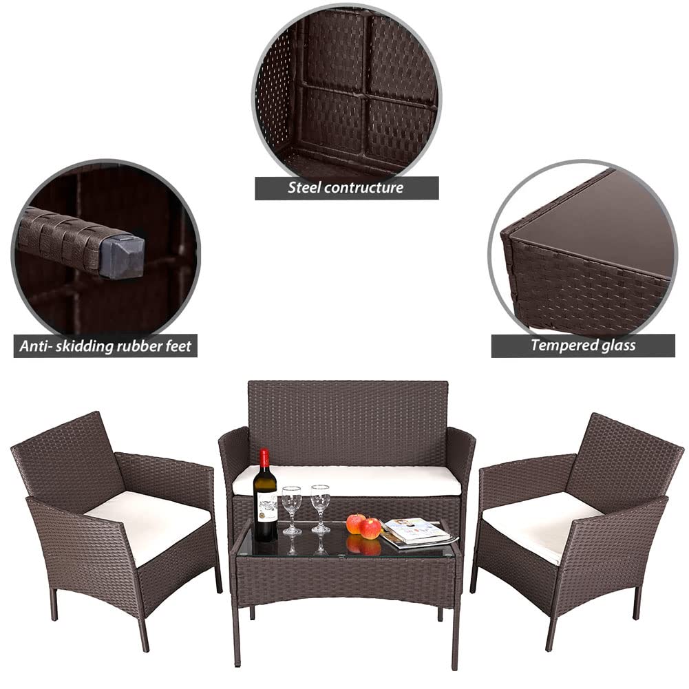 BAKAJI Set Salotto Completo di Divano 2 Poltrone e Tavolino in Vetro e Rattan Struttura in Acciaio Zincato con Cuscini Sfoderabili Arredo Giardino Terrazzo Design Moderno Colore Marrone