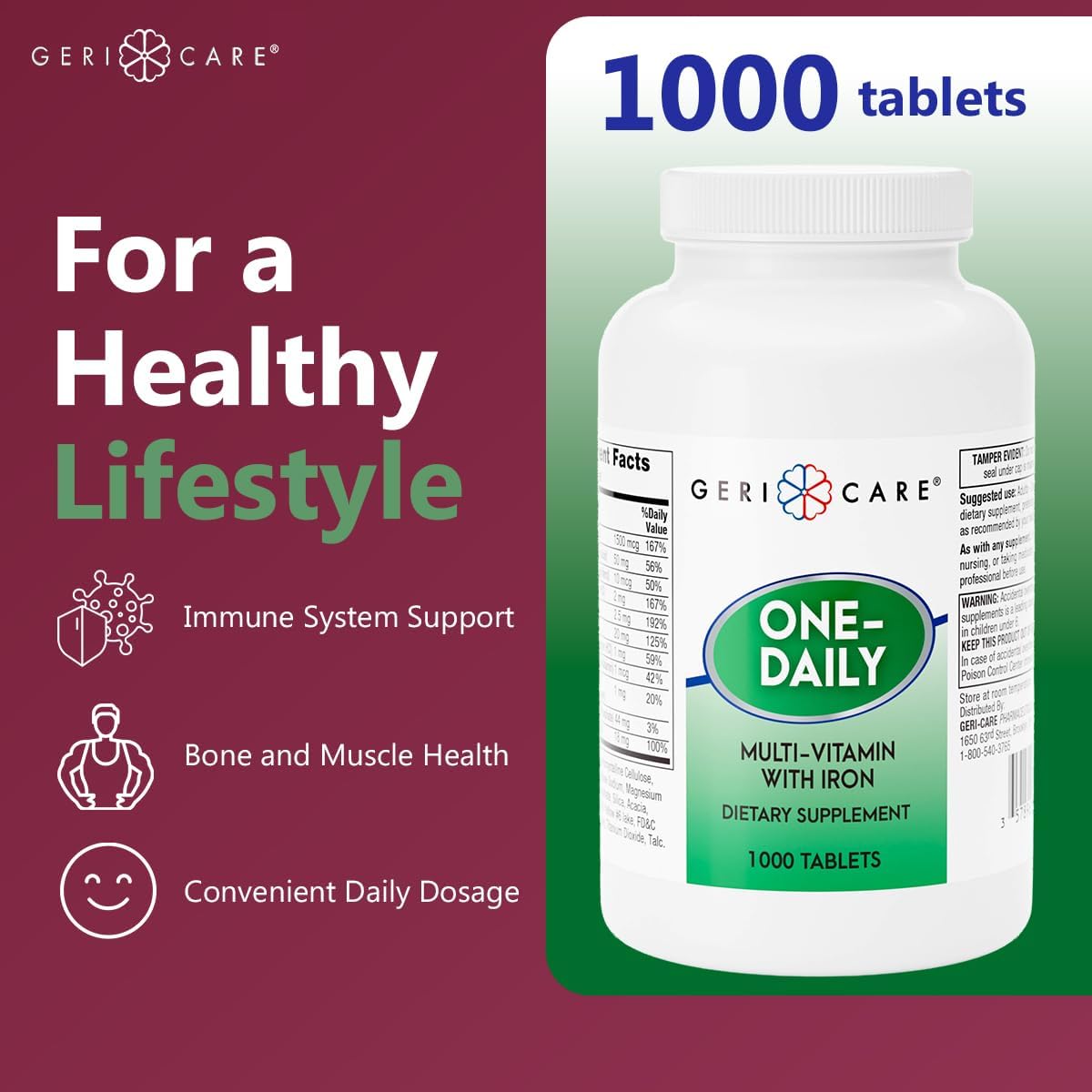 GeriCare One-Daily Multi-Vitamin with Iron, Complete Daily Nutritional Supplement with Essential Minerals for Energy, Immunity, Bone & Overall Wellness, 1000 Count (Pack of 1)