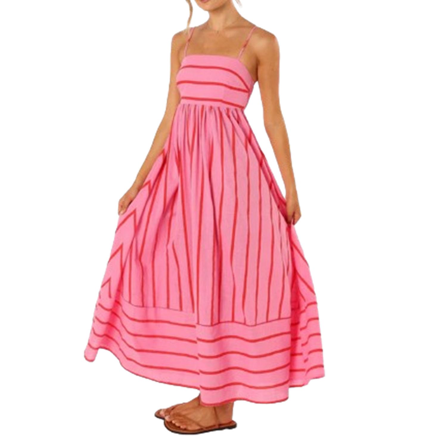 ALONEAN Vestido Casual con Tirantes sin Mangas a Rayas y Espalda Abierta con Dobladillo grandeVestido Casual con Dobladillo Grande