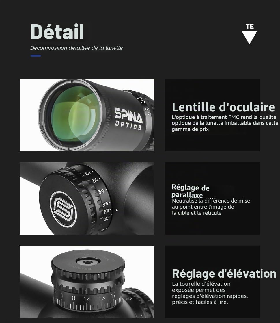 SPINA OPTICS Lunette de visée 4-24X56SF Viseurs optiques de Chasse en Verre 30 mm