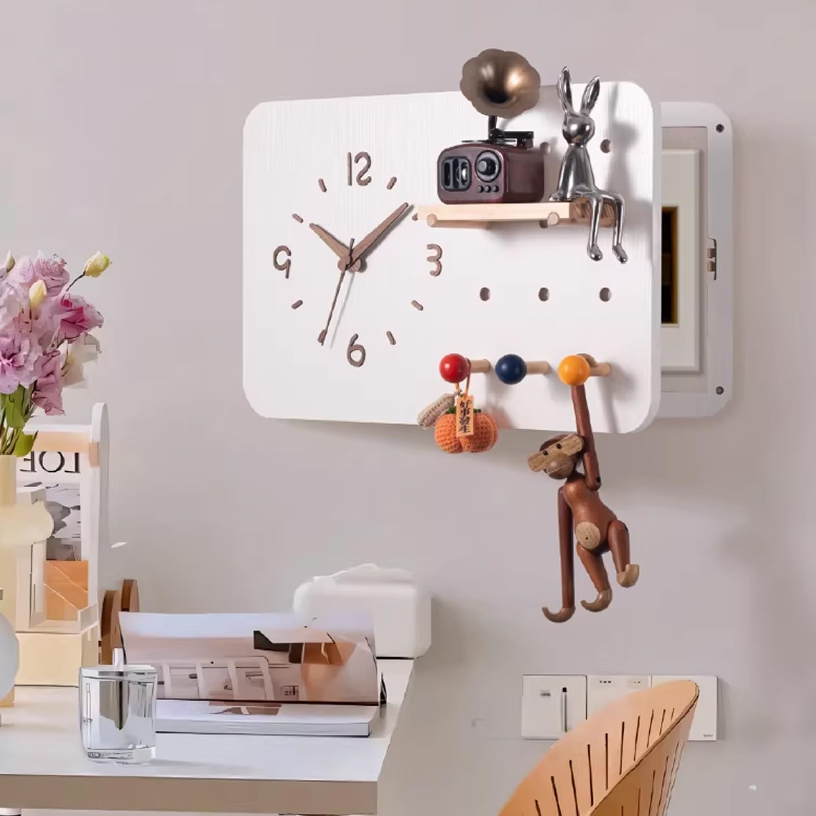 Dekorative Abdeckung mit Uhr und Regal für Stromzählerbox, versteckte Platte mit Haken für Wohnzimmer und Restaurant