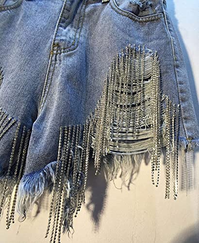 Spring Summer Rhinestone Heavy Tassels Nail Diamond Beads High Thin Waist Light Blue Denim Shorts Women Baby Blue L #TOP2