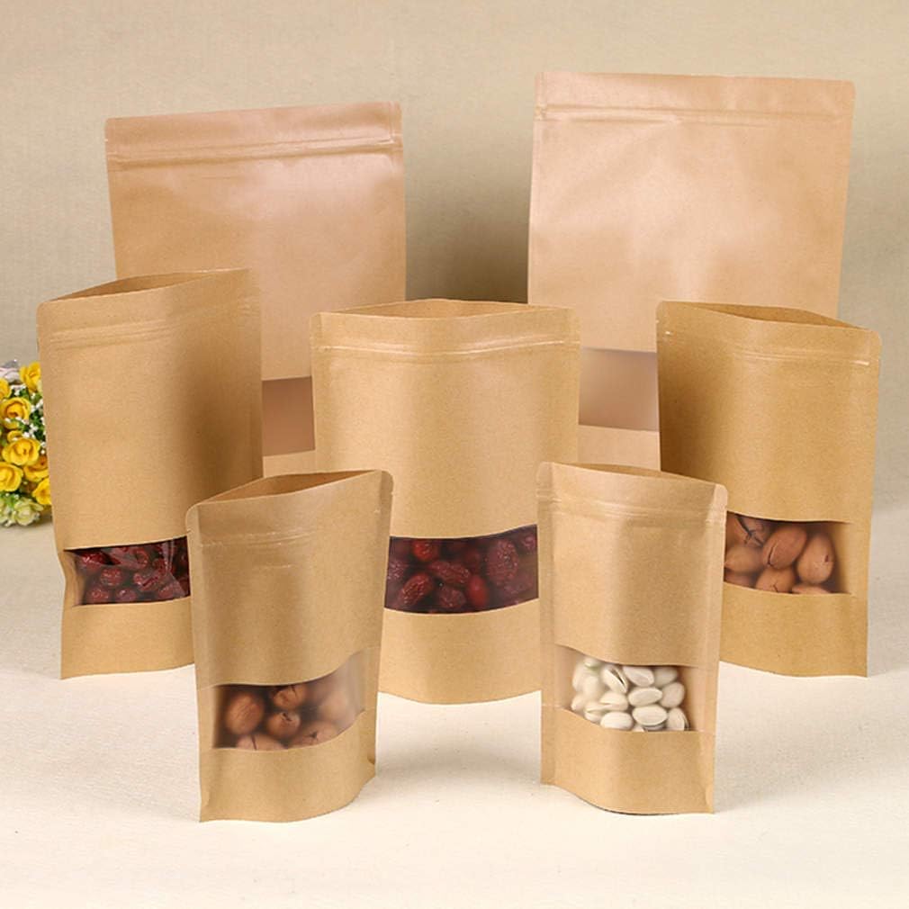 50pcs Kraft Paper Bags with Window Resealable Zip Lock Food Storage Bags Heat Sealable Stand Up Brown Paper Pouches for Cookies Coffee Tea 1lb 8×12in image 3