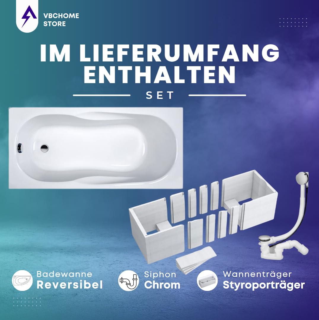 VBChome Badewanne 170x70 cm Weiß Acryl SET – Rechteckwanne mit Styroporträger, Siphon und Ablaufgarnitur in Chrom – Modernes Design, Robustes Material, Einfache Montage
