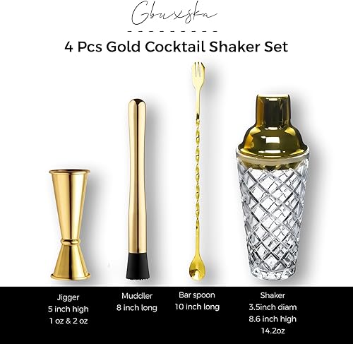 Miniatura 2 de Gbuxska Juego de coctelera dorada, kit de camarero de vidrio prémium con jigger medidor, cuchara mezcladora y muddler