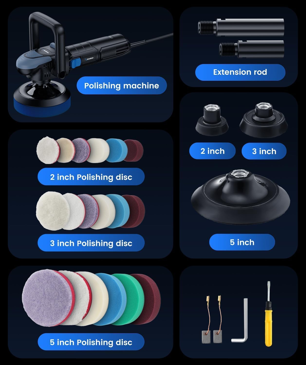 Mini Buffer Polisher, 750W Rotary Polisher with 27Pcs Accessories, Mini Polishing Machine 2/3/5inch Backing Plate, 6 Speeds 800-2800 RPM, M16 Thread Extension Shaft