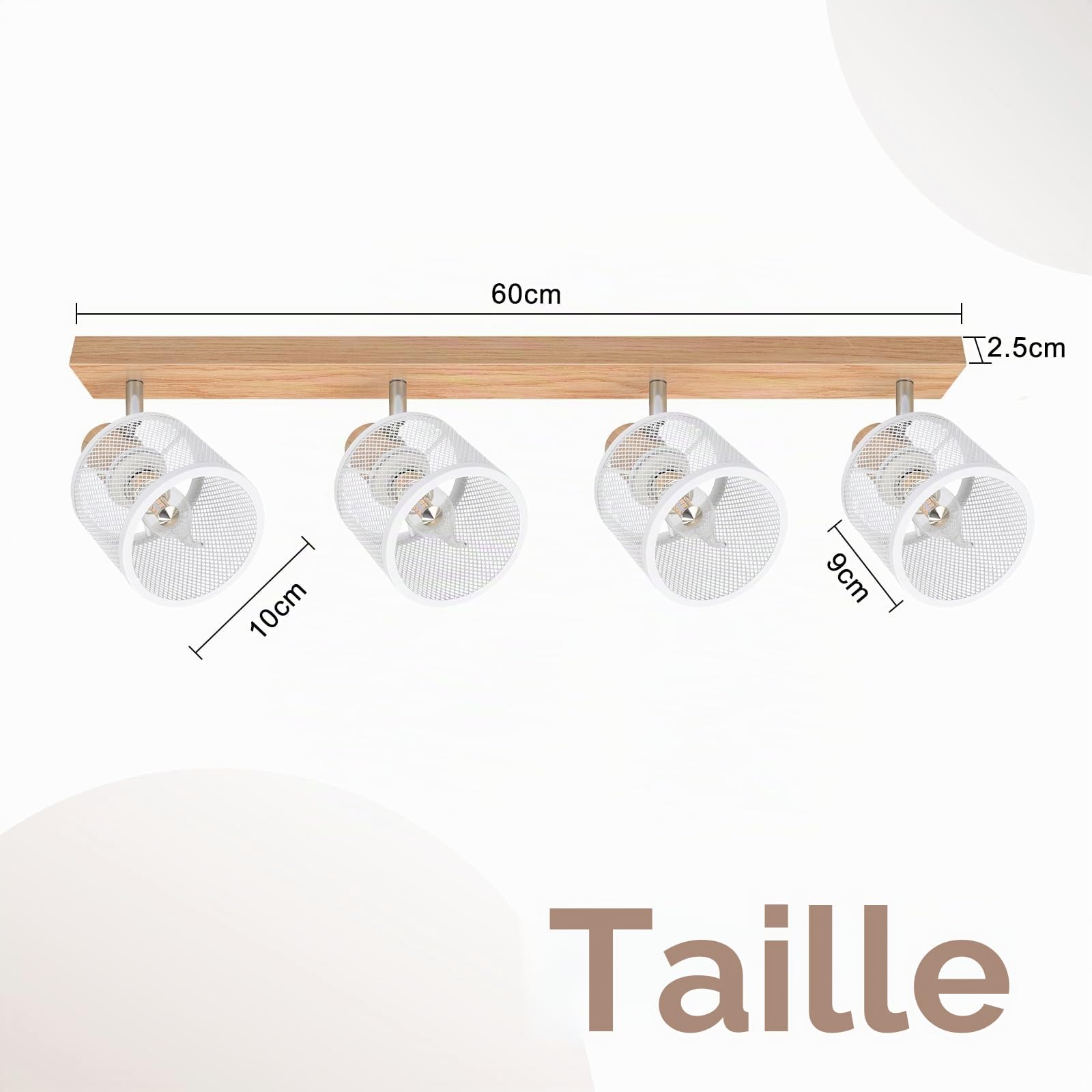 Plafonnier Moderne 4 Spots Orientables Bois et Métal Blanc, Douille