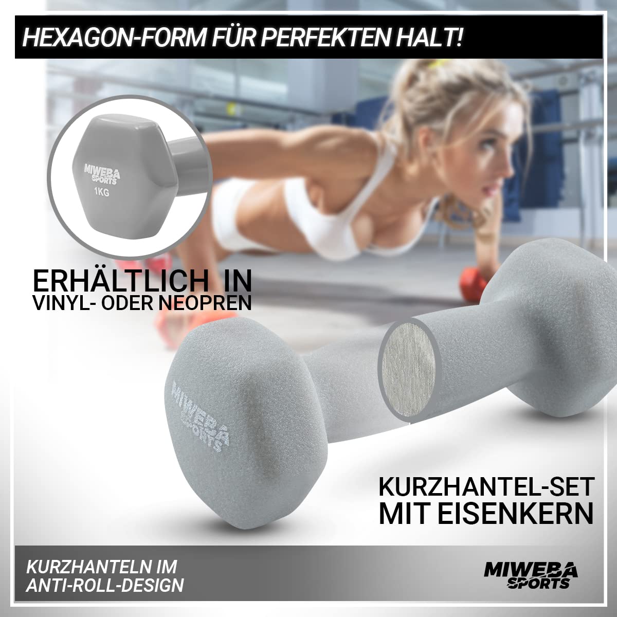 Miweba Sports Hanteln Set Neopren & Vinyl NKH120 - Kurzhantel Set 2 x 1 kg | 2 x 2 kg | 2 x 3 kg | 𝐏𝐫𝐨𝐟𝐢 Hantel Gewichte - Hexagon Kurzhanteln inkl. Hantelständer - Hantelset - Kurzhantelset