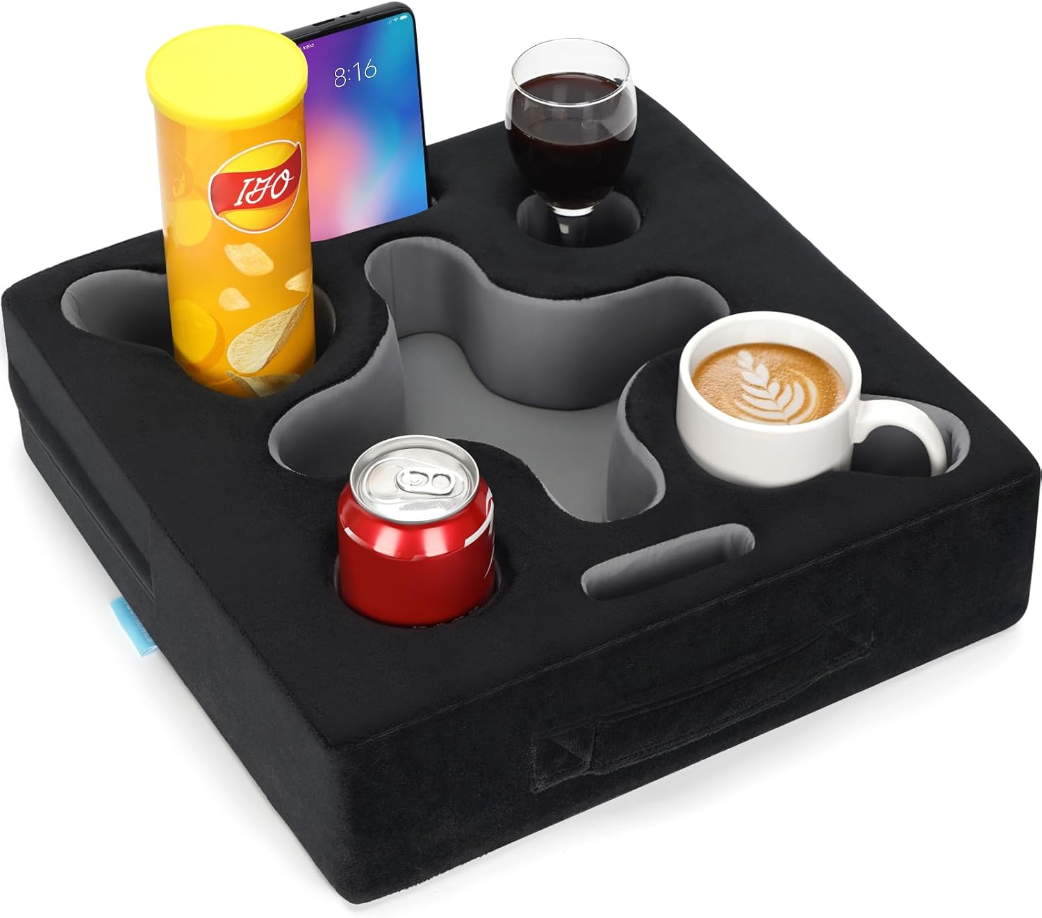 Couch Cup Holder Pillow-Sofa Cup Holder Tray Caddy Cupholder for Bed, Rv, Tv, Car, Man Cave, Backseat for Remote, Drinks, Snacks (Square-Black)