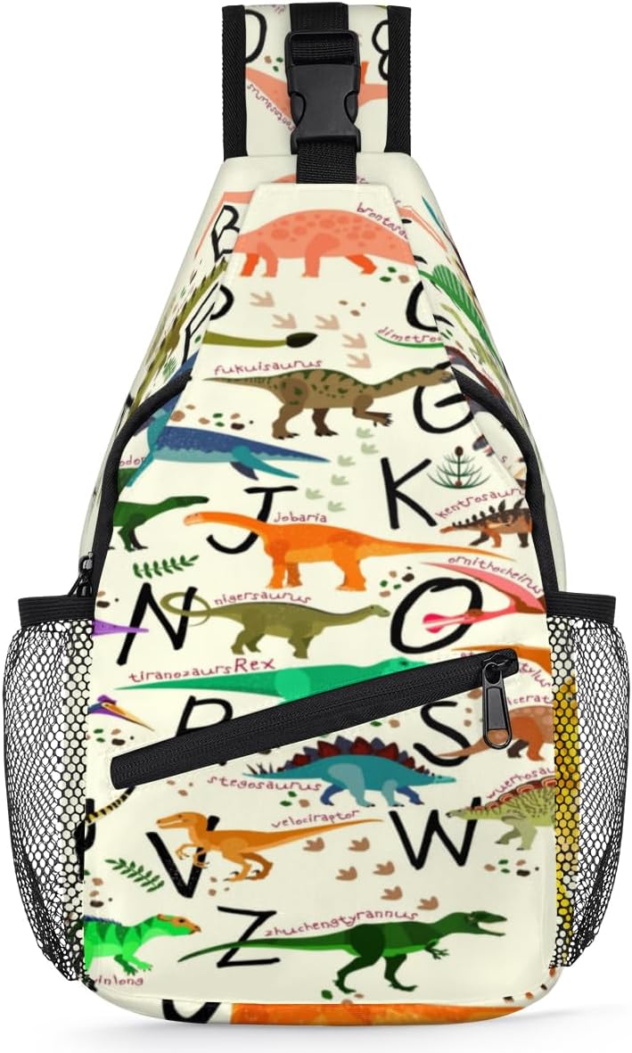 Alphabets Dinosaurs Sling Bag for Women Men Crossbody Sling Backpack Shoulder Bag Chest Bag Daypack for Travel Hiking Outdoor