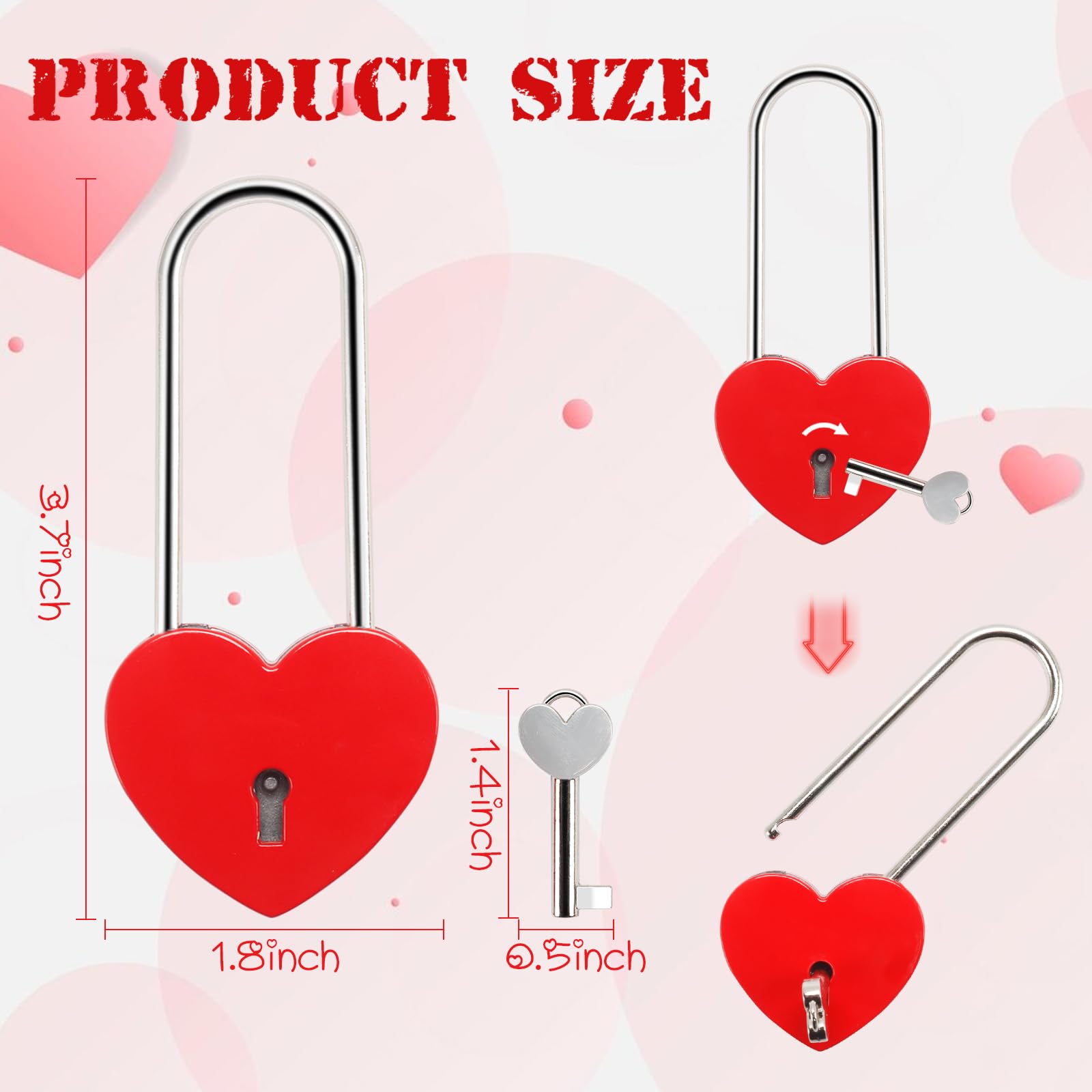 Bridge Long Shackle Padlock, Heart Padlock Love Lock Padlock Red Single Heart Lock, Heart Wish Lock For Lovers Wedding, Valentines, Anniversary, Travel, Valentines Day(NO Key