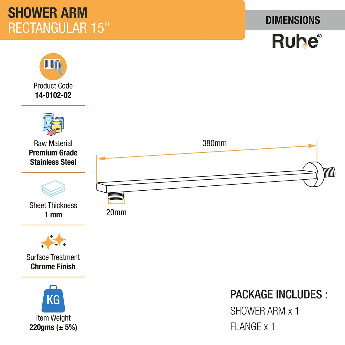 Ruhe® 15inch Rectangular Shower Arm | Premium Grade Stainless Steel Square Shower Arm with Flange (Chrome Finish) 2