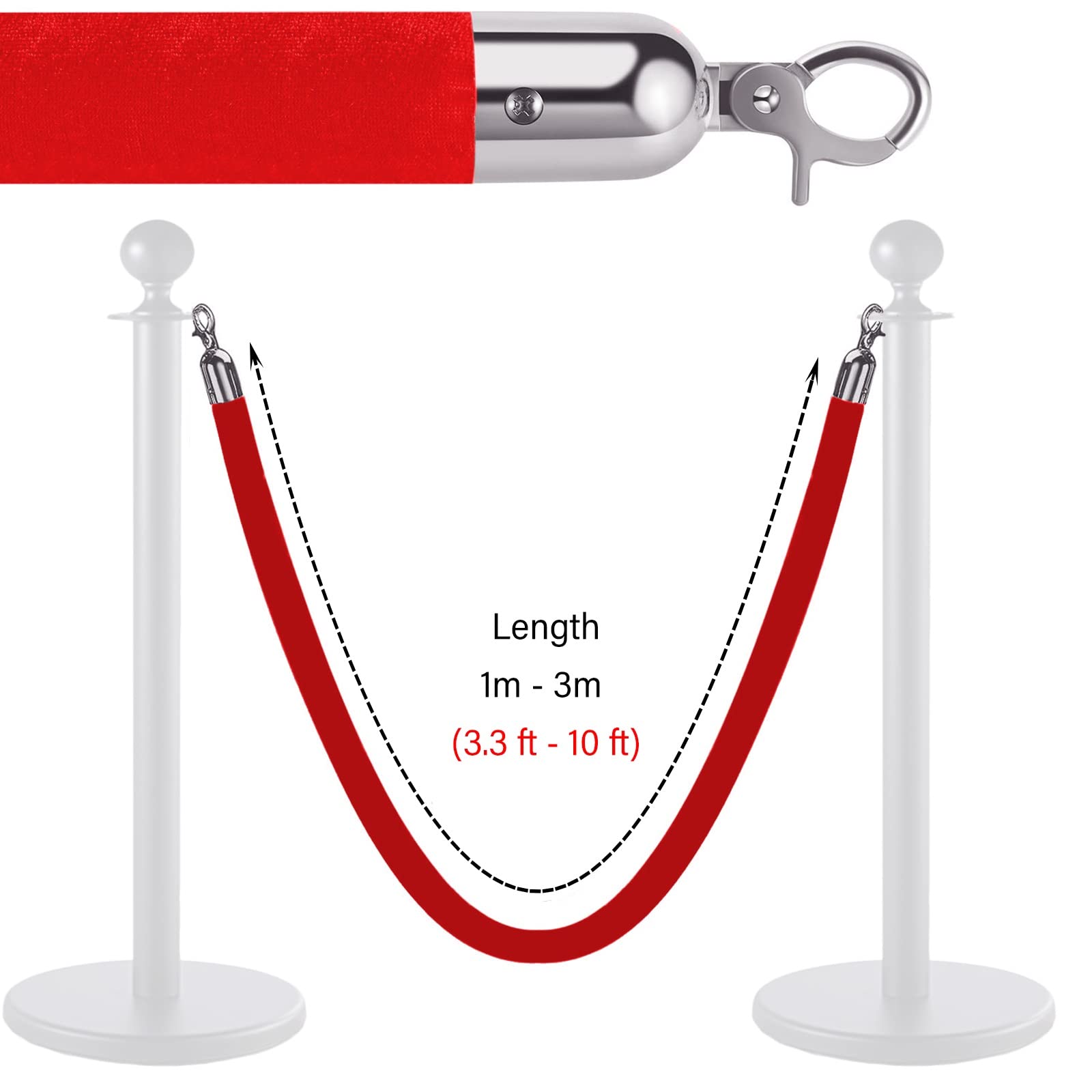 Cuerda de terciopelo rojo, barrera de control de multitudes de 1,1 m para hotel, restaurante, entrada de eventos, calidad premium con ganchos plateados (juego de 1)