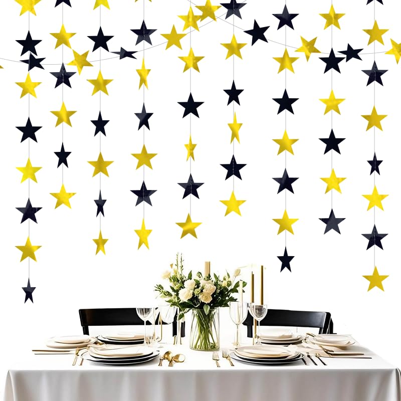 Image of Black and Gold Shining Star Hanging Garland Black Gold Hanging Sparkling Star Streamer Glitter Bunting Banner Twinkle Backdrop for Wedding Baby Shower Birthday Decorations 40 Feet