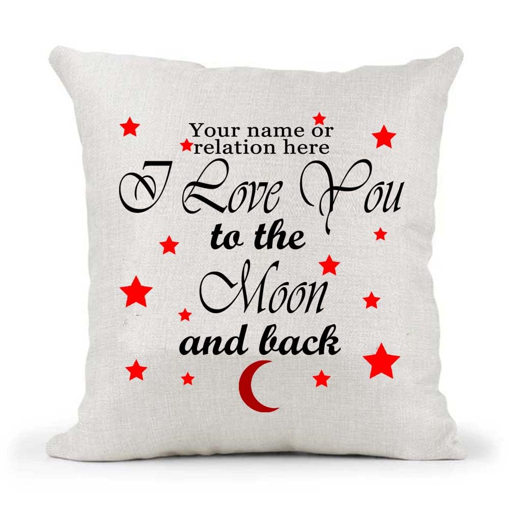 Personalised Your Name I love you to the moon and back poem Mother's Father's Day Birthday Present Country Canvas Style Cushion Cover Gift