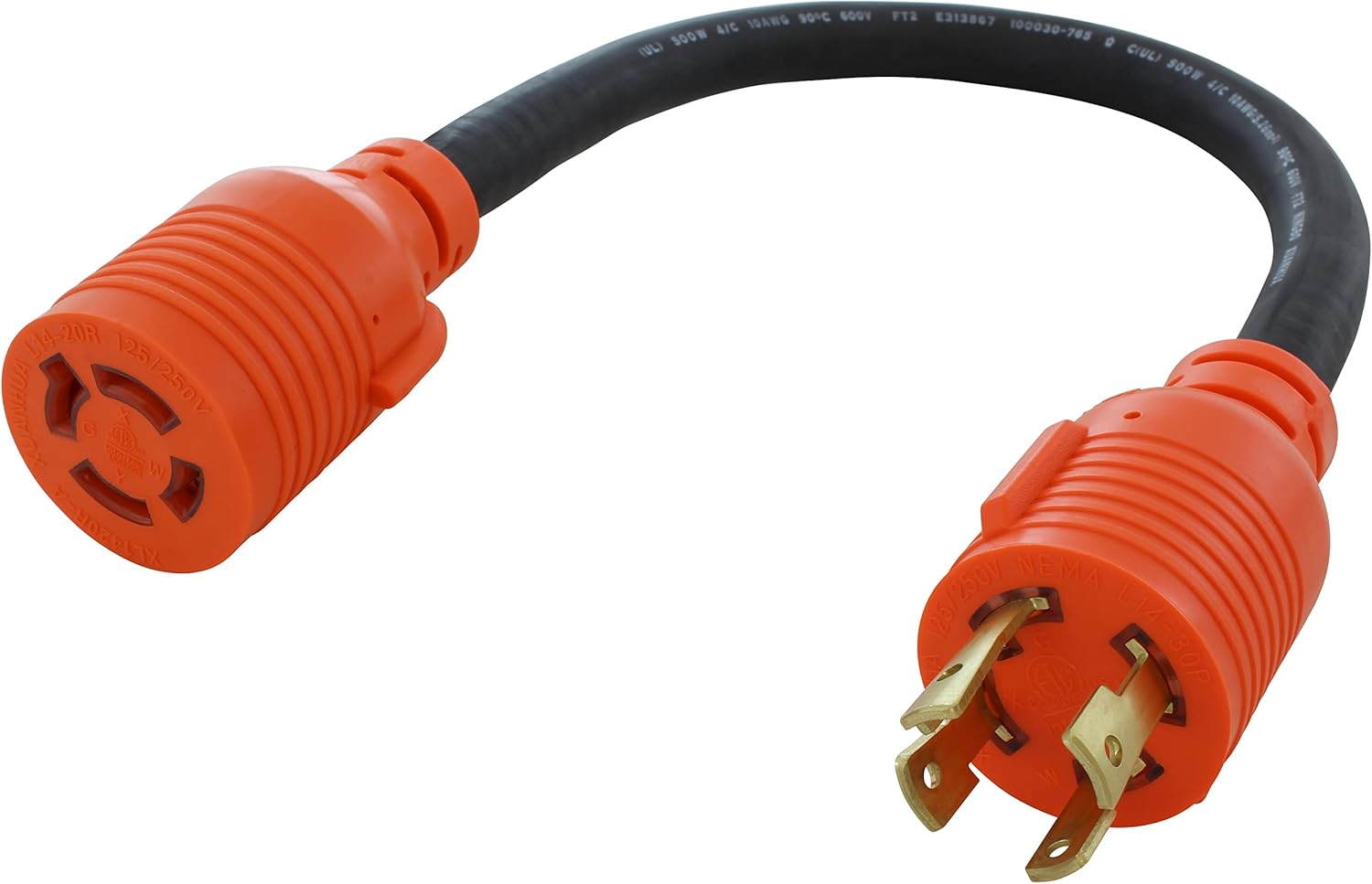 AC WORKS 30Amp 4 Prong 125/250Volt L14-30P Locking Plug to L14-20R 20Amp 4 Prong 125/250Volt Locking Female Generator Adapter (Flexible)