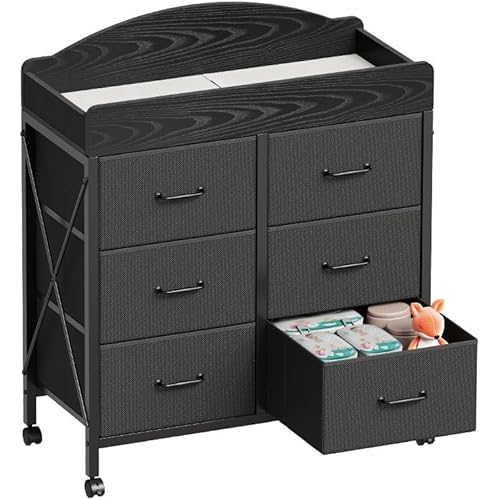 Baby Changing Table Dresser with Wheels, 6-Fabric Drawer Baby Dresser with Changing Table Top, Waterproof Diaper Changing Station & Pad, Mobile Storage Unit, Compact Baby Furniture, Black