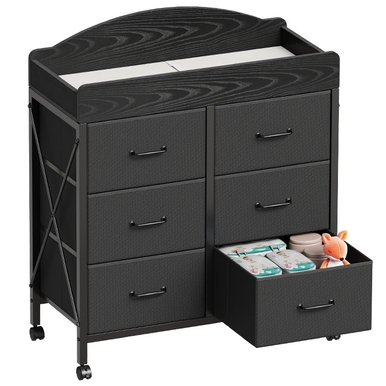 Image of Yetom Baby Changing Table Dresser with Wheels, 6-Fabric Drawer Baby Dresser with Changing Table Top, Waterproof Diaper Changing Station & Pad, Mobile Storage Unit, Compact Baby Furniture, Black