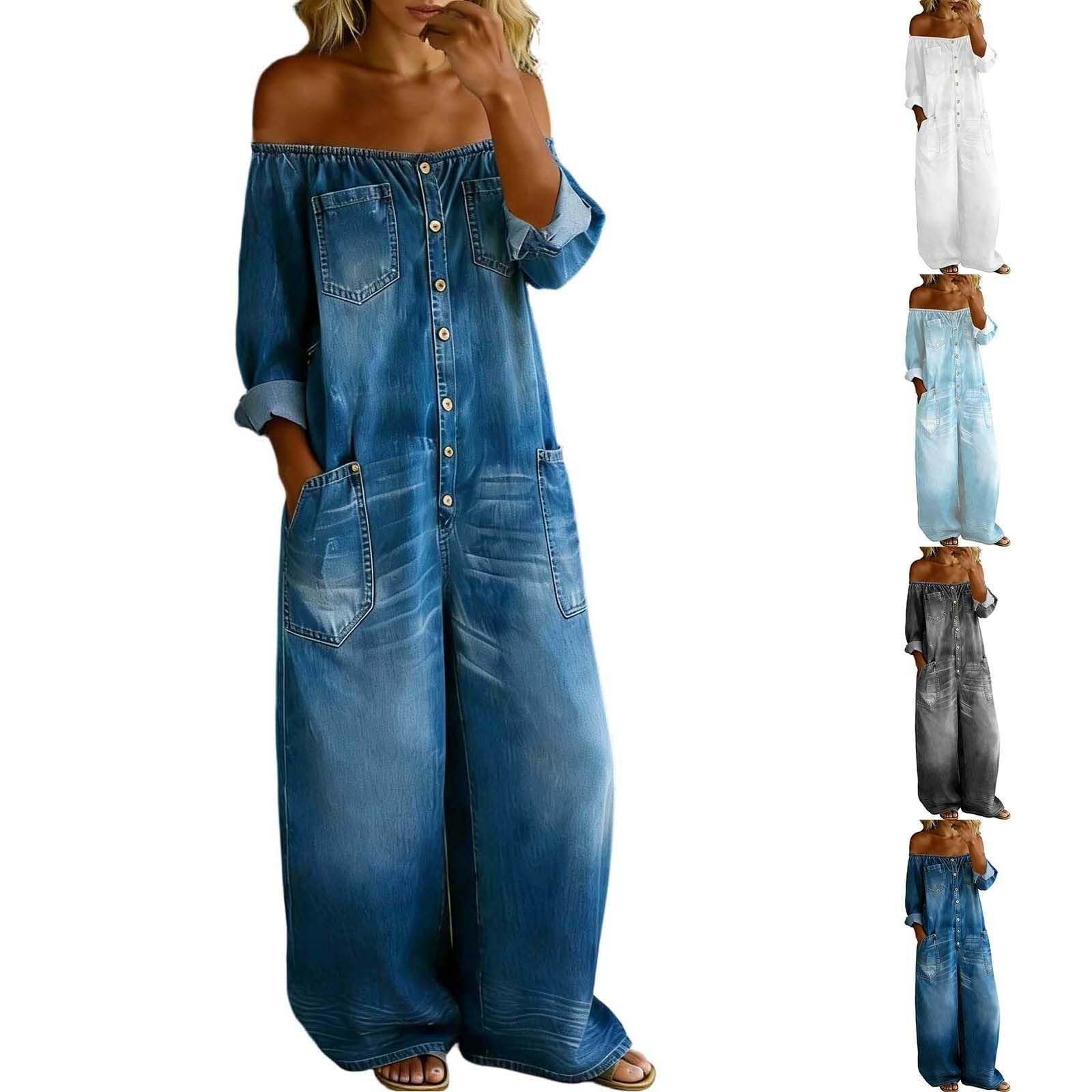 Generale Tuta Intera Jeans Donna Maniche Lunghe, Spalline Scoperte con Bottoni, Pantalone Gamba Larga Casual con Tasche
