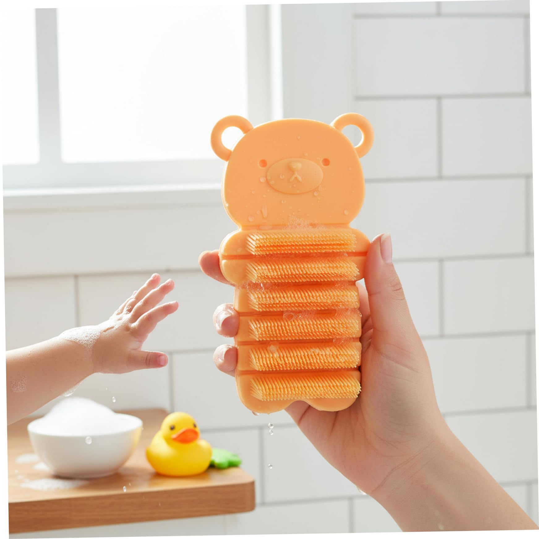 Cepillo de uñas para niños, cerdas suaves, cepillo suave para fregar uñas para niños pequeños, lindo diseño de oso para fomentar el lavado de manos, amarillo, limpieza