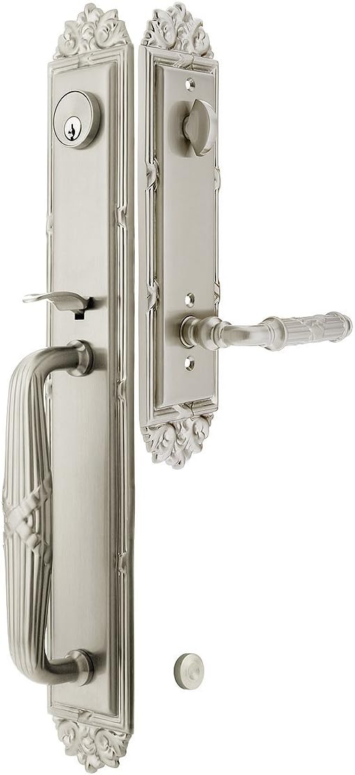 Imperial Style Tubular Handleset in Satin Nickel with Left Hand Ribbon & Reed Levers and 2 3/8" Backset. Antique Door Handle.